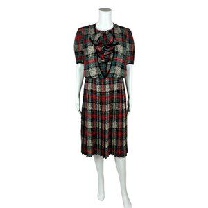 Vintage 80s Dress Women's Large Tartan Red Green Plaid Ruffle Neck Pleated Skirt